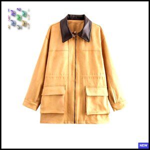 Oversized Barn Jacket Faux Suede Leather Collar Utility Coat Adjustable Waist